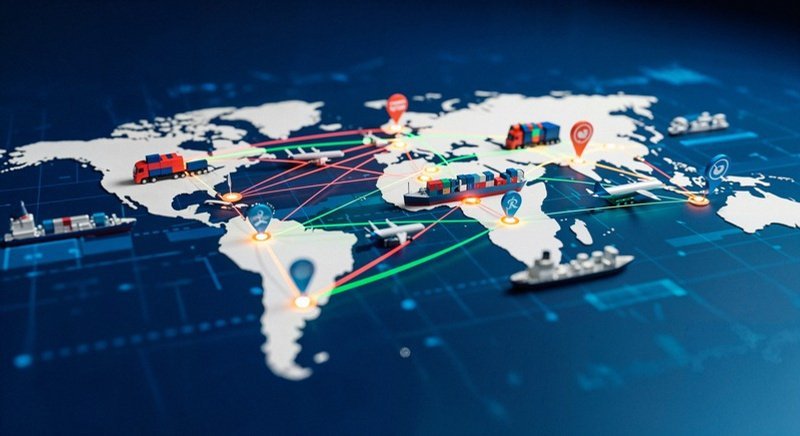 Mapa mundial con rutas logísticas conectadas