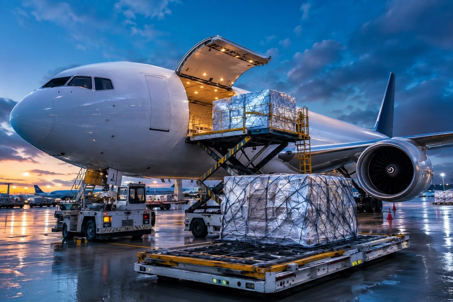 Avión de carga siendo cargado con mercancía paletizada en el aeropuerto