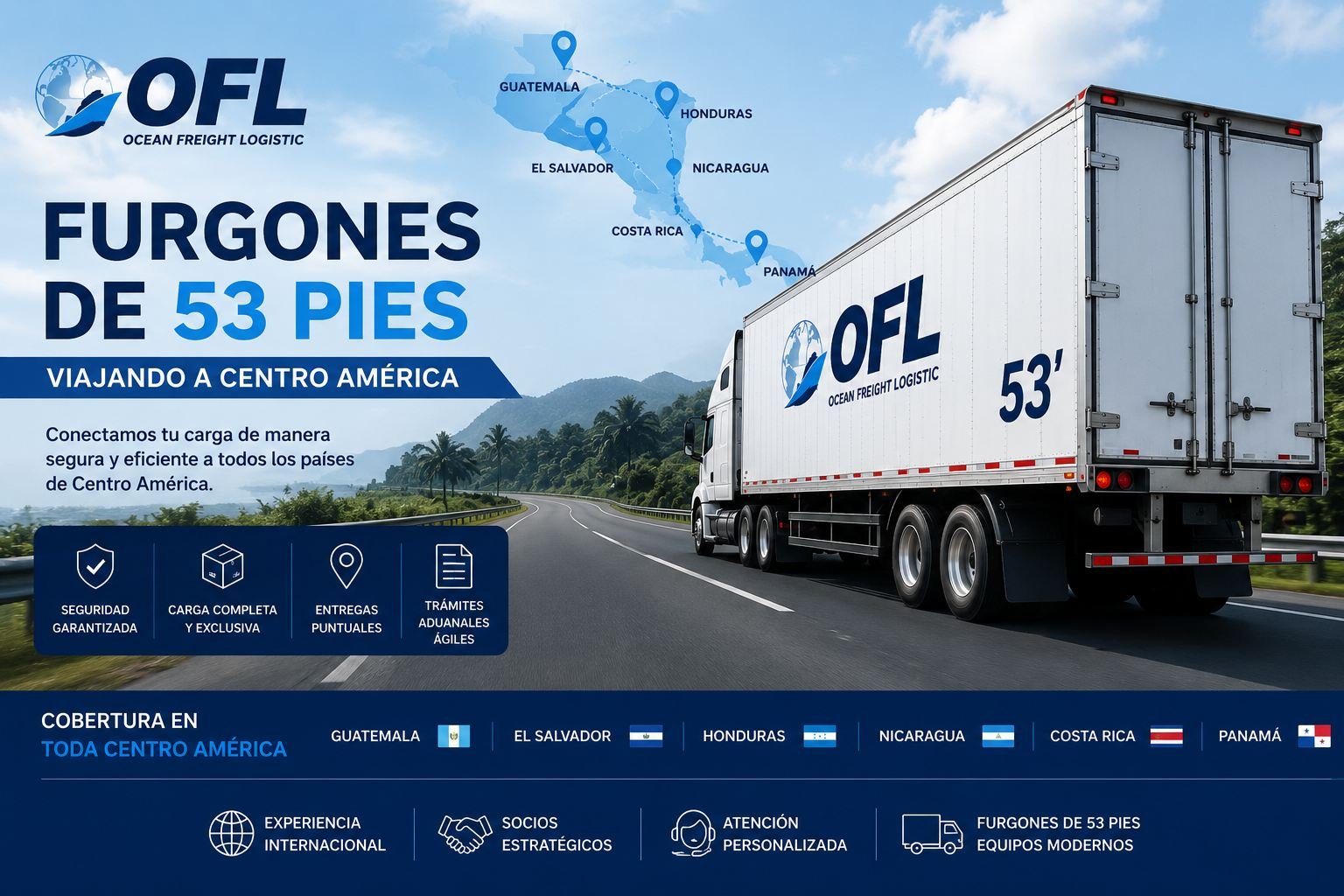 Furgones de 53 pies de OFL viajando a Centroamérica con cobertura en toda la región